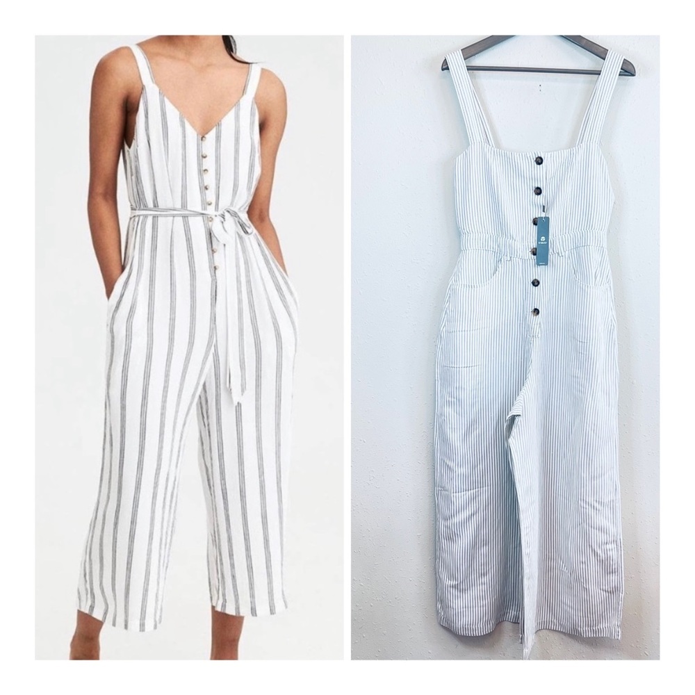 Tractr Striped Wide Leg Cropped White Gray Jumpsuit Size 4 NWT